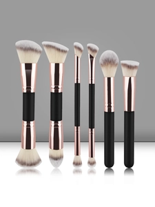 Set of six professional dual-ended makeup brushes with rose gold ferrules and soft bristles