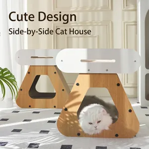 Casetta per gatti 2-in-1 minimalista in legno triangolare e tiragraffi per animali