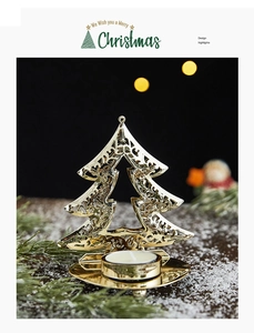 Macro shot of golden Christmas tree hollow metal candle holder on festive background