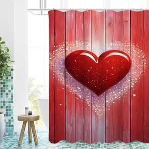 Waterproof red heart print shower curtain with wood texture and glitter for bathroom decor