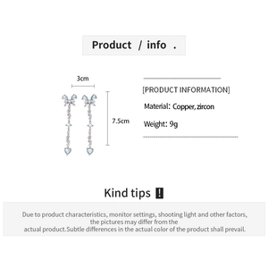Detailed dimensions of silver butterfly heart tassel earrings with blue zircon