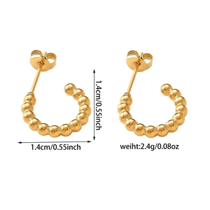 Detailed view of gold C-shape bead earrings with 1.4cm size and 2.4g weight measurements