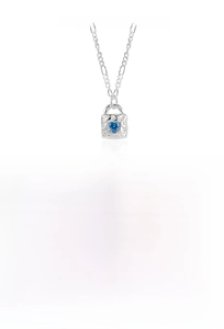 Detail view of S925 silver necklace with blue heart zircon stone in a square lock pendant