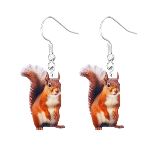 Cute brown and white squirrel acrylic cartoon dangle earrings with silver metal hooks