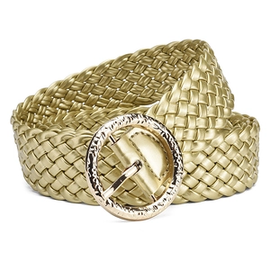 Braided PU patent leather wide belt with gold round buckle on white background