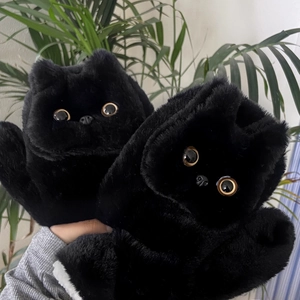 Black Cat Plush Mittens Faux Rabbit Fur Thickened Warm Fleece Lined Hanging Neck Winter Windproof Gloves For Women