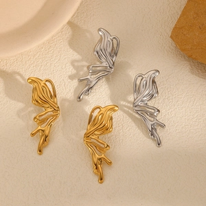 Butterfly Wing Stud Earrings 18K Gold Plated Stainless Steel Liquid Metal Y2K Punk Style Jewelry For Women