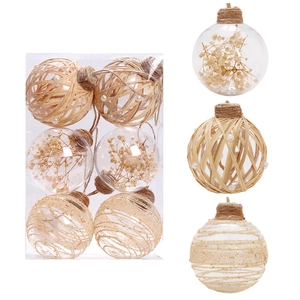 Clear PET Christmas ball set with dried flowers and gold stripes hanging ornaments