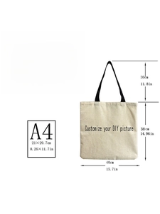 Size chart showing linen cat print tote bag dimensions 40x38cm with black handles