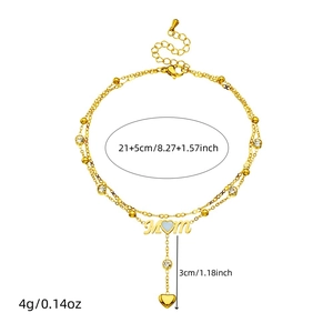 Double-layer gold stainless steel anklet with MOM heart pendant and sparkling zircon fringe