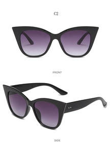 Front and side view of cat-eye sunglasses with black frame and purple gradient lenses