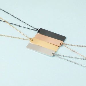 Polished rectangular bar pendant necklaces in black, rose gold, gold, and silver finishes