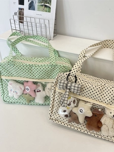 Polka dot canvas tote bag with transparent PVC window and cute plush charms decor