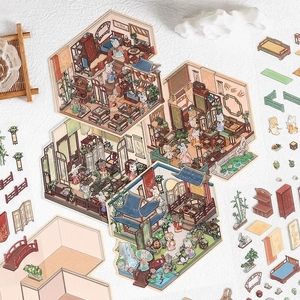 Autocollants 3D de scènes de cour de style chinois avec meubles et motifs lapins