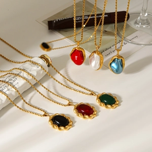French vintage stainless steel necklaces with colorful semi-precious stone pendants
