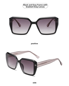 Square black grey sunglasses detail showing positive and side views with gradient lenses