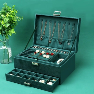 Double-layer dark green velvet jewelry organizer box with metal lock and drawer