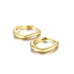Macro view of S925 sterling silver curved wave hoop earrings with polished gold finish