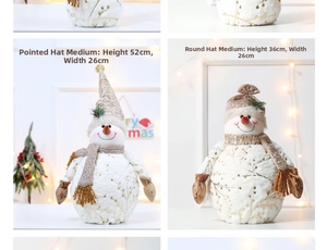 Detailed size comparison for plush Christmas snowmen at 52cm and 36cm height