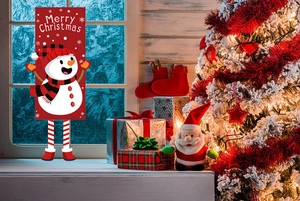 Christmas door hanging flag featuring a long-legged snowman with Merry Christmas text