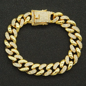 Golden Miami Cuban link bracelet with iced-out rhinestones and secure box clasp