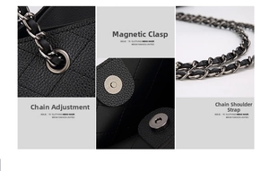 Detail view of quilted black shoulder bag with chain strap and magnetic snap closure