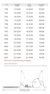Detailed size chart for push up backless bra featuring measurements from 70B to 85D