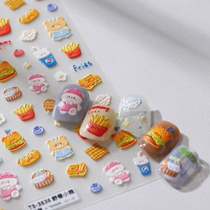 5D embossed picnic bear nail stickers with 3D burger and fries designs, model TS-3836