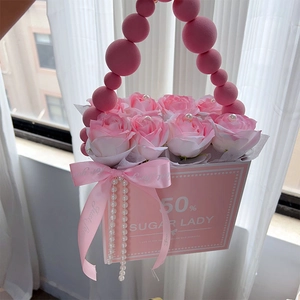 Elegant pink soap rose gift basket with pearl handle and Just for you ribbon decoration