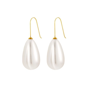 Elegant gold hook earrings featuring teardrop-shaped white pearls on a white background