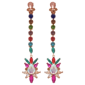 Elegant gold drop earrings with multi-colored faceted crystals and a pear-shaped center stone