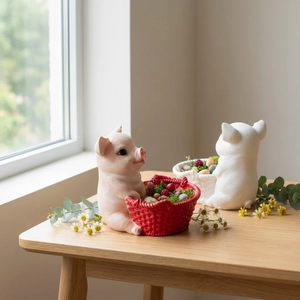 Cute pink and white resin pig figurines holding red baskets for desk or garden decor
