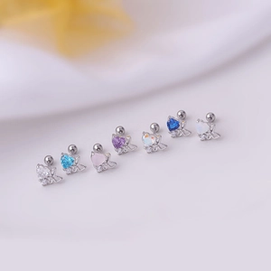 Set of 7 heart zirconia screw back cartilage studs with butterfly accents in silver steel