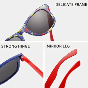 Kids fashion dinosaur print sunglasses with blue frame, red legs and strong hinges