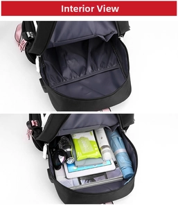 Detail view of the black backpack interior with compartments for a tablet and daily items