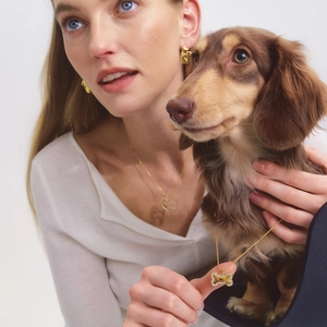 Golden 316 stainless steel bone necklace and dog earrings set worn with dachshund