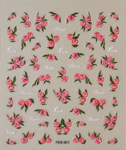 Detail view of pink rose embossed nail art stickers with leaves and Rose lettering