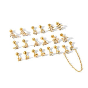 Gold stainless steel stud earring set with zircon leaf star heart and geometric designs