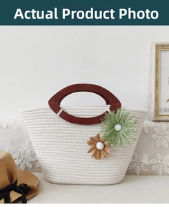 Detailed shot of handmade woven bag with decorative crochet flowers and round wooden handles