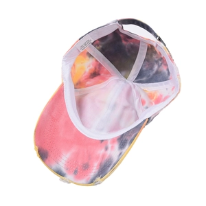 Colorful tie-dye cotton baseball cap with 100% cotton label and metal buckle closure