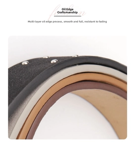 Macro detail of layered multicolor oil edges and silver studs on suede leather belt