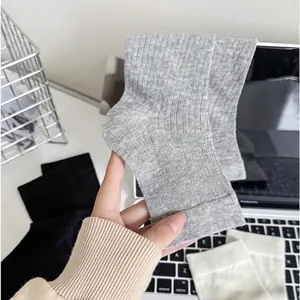 Soft combed cotton ribbed crew socks for women in grey, black and beige colors