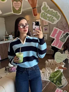 Classic polo neck long sleeve knit sweater with navy blue and black horizontal stripes