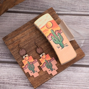 Western cowboy style sunset cactus wooden earrings and hair claw clip accessory set