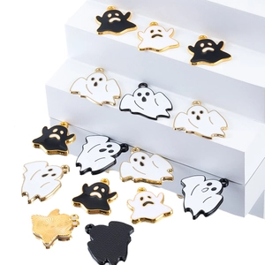 Detailed view of Halloween ghost charms in black and white drip oil alloy for DIY jewelry