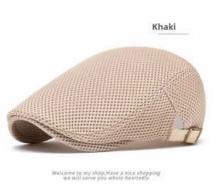Detail of khaki mesh breathable beret featuring an adjustable metal buckle strap at the back