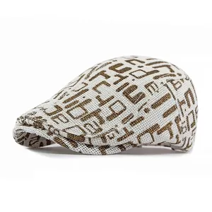 Britisches Barett in Beige mit braunem Jacquard-Muster für Sonnenschutz im Sommer