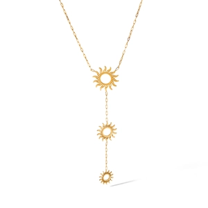 Golden stainless steel Y-shaped necklace featuring three hollow sun pendants on paperclip chain
