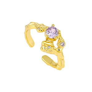 Irregular textured S925 sterling silver ring with lavender zircon and golden finish