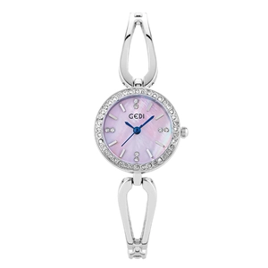 GEDI silver quartz watch with pink mother of pearl dial and rhinestone bezel for women
